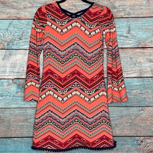 Rare Editions Dress L Coral Chevron Colorful Pom Poms Boho Long Sleeves Multi - Picture 1 of 9